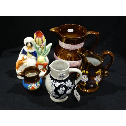 101 - Three Copper Lustre Jugs, Together With A Staffordshire Pottery Spill Holder Vase Etc