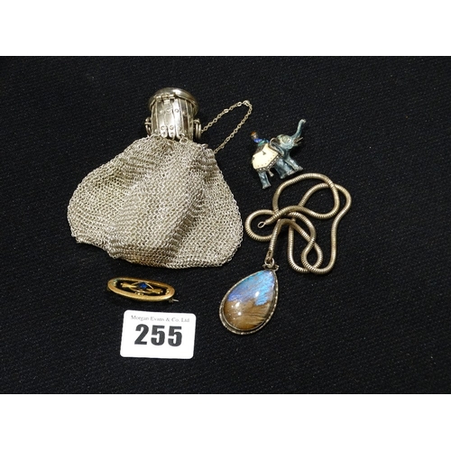255 - A Silver & Enamel Elephant Brooch, Together With A Silver Teardrop Pendant & Chain Etc