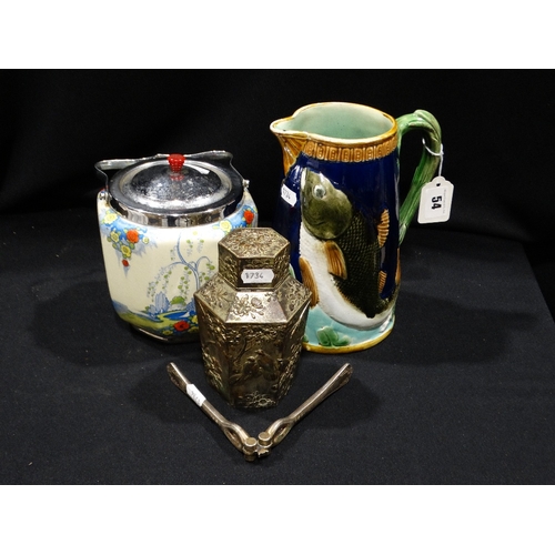 54 - A Majolica Fish Decorated Jug, Together With A White Metal Tea Caddy Etc (4)