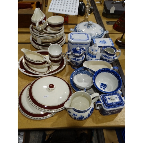 65 - A Qty Of Crimson Banded Pottery Dinnerware, Together With A Qty Of Blue & White Transfer Decorated D... 
