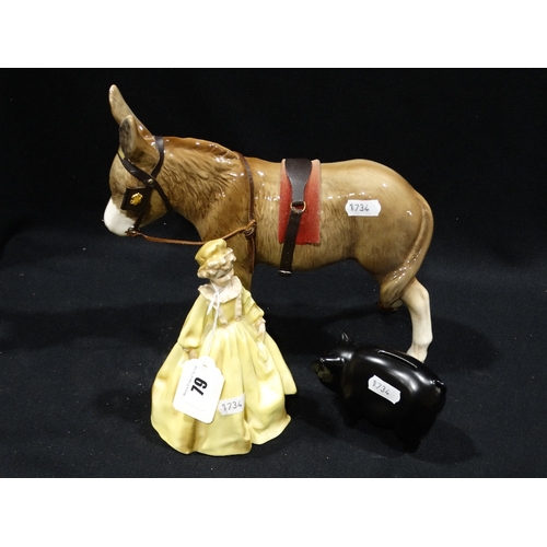 79 - A Royal Worcester Figure, Grandmothers Dress, Together With Two Pottery Animals