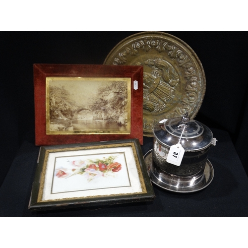 37 - A Plated Biscuit Box, Together With A Velvet Framed Photographic Print Etc