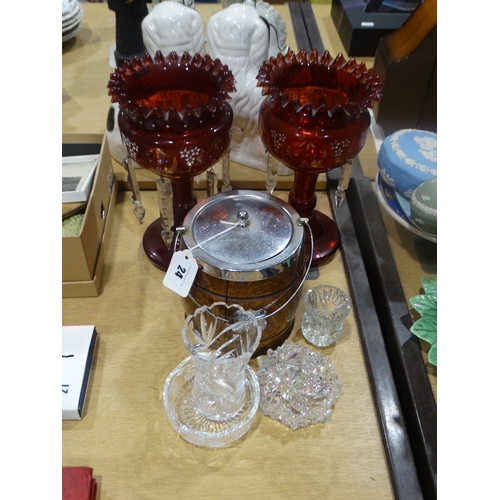 24 - An Oak Biscuit Barrel, Together With A Pair Of Ruby Glass Drop Lustres Etc