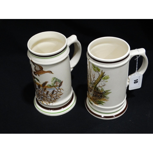 10 - Two Bird Decorated Pottery Tankards