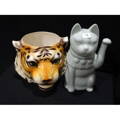 60 - A Pottery Tiger Planter Together With A Cat Figure