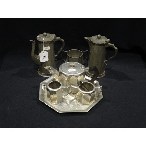 12 - A Three Piece Pewter Tea Service On Tray, Together With Further Pewter Ware