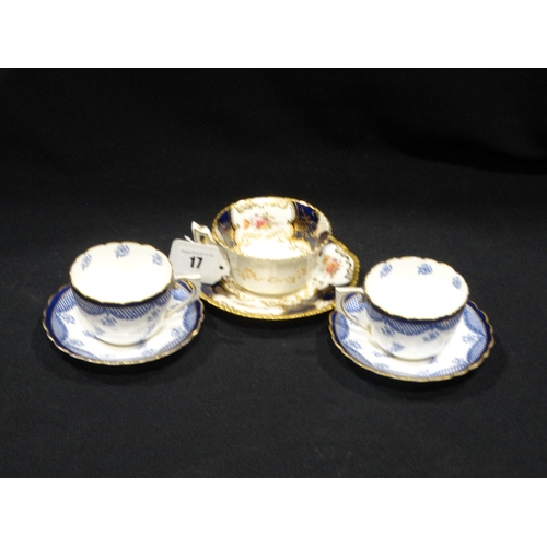 17 - A Pair Of Royal Worcester Blue Floral Coffee Cup & Saucers, Together With A Coalport Cup & Saucer