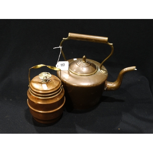 117 - An Antique Copper Kettle, Together With A Copper Biscuit Box