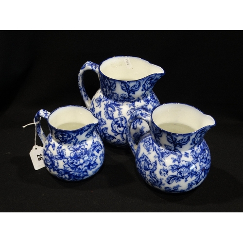 26 - A Set Of Three Graduated Losol Ware Blue & White Pottery Milk Jugs