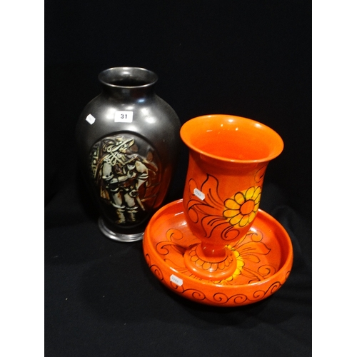 31 - An Orange Ground Floral Decorated Vase & Bowl, Together With A Further Vase