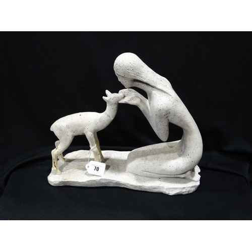 70 - A Late 20thc Stone Effect Sculpture Of Figure & Fawn