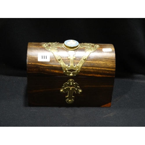 111 - A 19thc Brass Bound Coromandel Wood Stationery Box With Over Size Brass Mounts & Inset Ceramic Medal... 