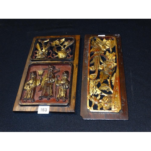 163 - Two Chinese Hardwood & Gilt Decorated Carved Figural Panels