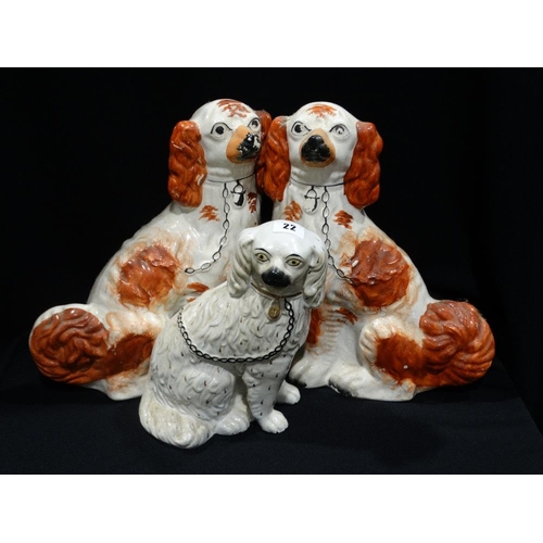 22 - A Pair Of Staffordshire Pottery Red & White Seated Dogs, Together With A White Single Dog