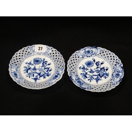 27 - A Pair Of Early 20thc Meissen Blue & White Circular Ribbon Plates With Floral Panels, 6