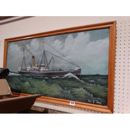 375 - John D Jones, Oil On Board, Study Of The SS Rosstrevor At Sea, Signed, 16 X 31