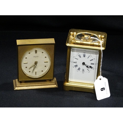 6 - A Brass Encased Carriage Clock With White Dial, Together With A Mid Century Swiza Table Clock