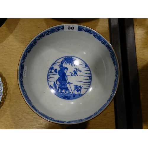 30 - A Chinese Circular Blue & White Fruit Bowl With Blossom & Stylized Panels, Four Character Mark To Th... 