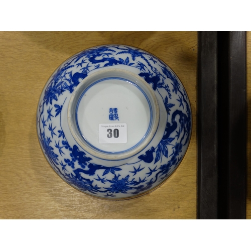 30 - A Chinese Circular Blue & White Fruit Bowl With Blossom & Stylized Panels, Four Character Mark To Th... 