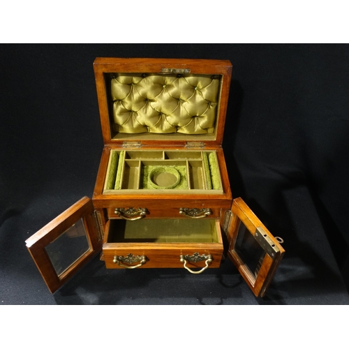 64 - A Late Victorian Mahogany Jewellery Cabinet With Hinged Lid & Glass Doors To The Front Revealing Two... 