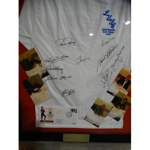 195 - A Framed Signed Leeds Utd Football Club 1972 Cup Final Shirt With Photographs Of Former Players, Sig... 