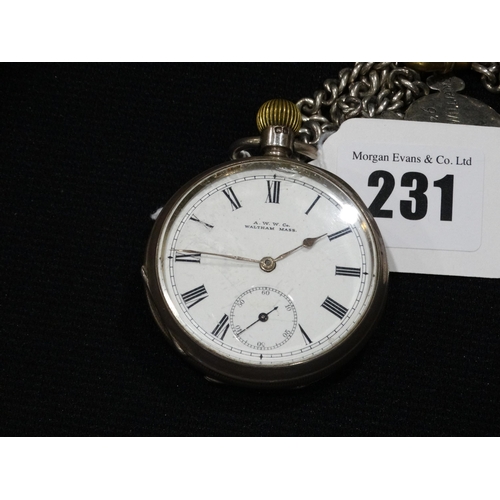 231 - A Silver Encased Waltham Gents Pocket Watch On A Silver Albert & Fob