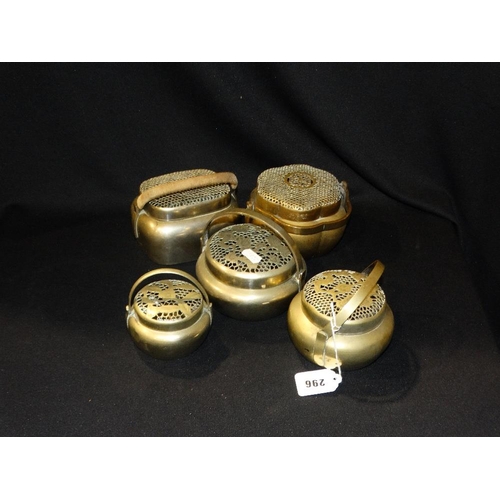 296 - Five 20thc Brass Incense Burners With Overhead Handles