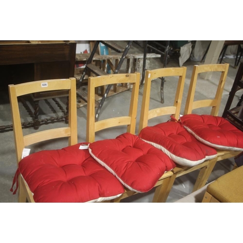 A Set Of Four Ikea Light Wood Kitchen Chairs, Together With Cushions