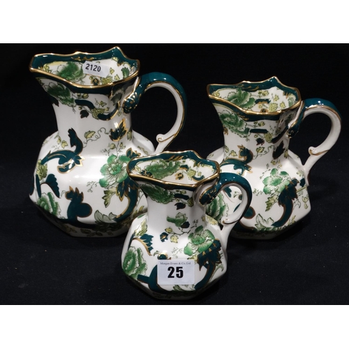 25 - A Set Of Three Masons Ironstone Chartreuse Pattern Jugs