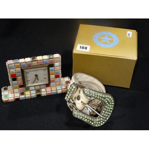 108 - A Tile Decorated Table Clock, Together With A Fashion Belt