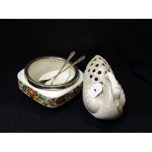 4 - A Floral Decorated Pottery Salad Bowl, Together With A Swan Flower Holder