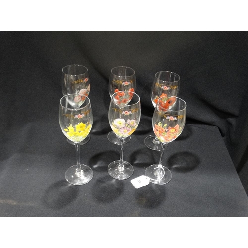 9 - A Set Of Six Floral Decorated Wine Glasses