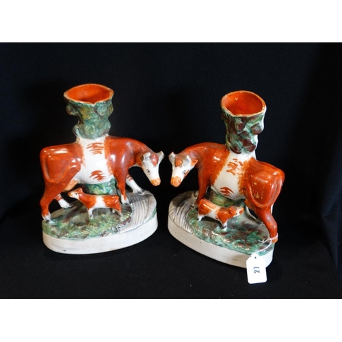 27 - A Pair Of Staffordshire Pottery Cow & Calf Spill Holder Groups (Af)