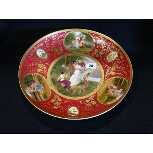 28 - A Circular Vienna Porcelain Charger With Painted Panels Of Courting Couple Etc, Beehive Mark, Signed... 