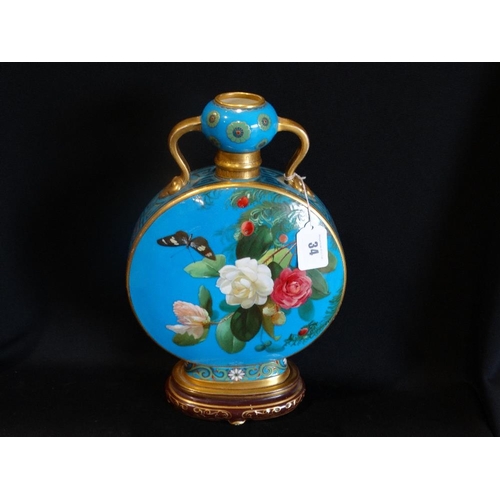 34 - A Minton Pottery Two Handled Moon Vase With Panels Of Flowers & Butterflies, Signed By Richard Pilsb... 