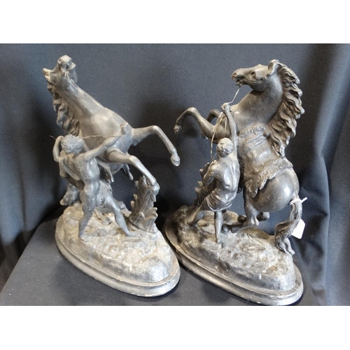 43 - A Pair Of Victorian Spelter Marley Horse & Attendant Groups