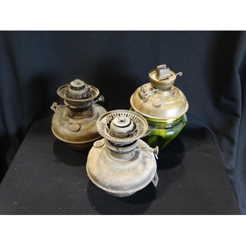 44 - A Drip Glazed Pottery Oil Lamp Base With Brass Bowl, Together With Two Further Brass Oil Lamp Bowls