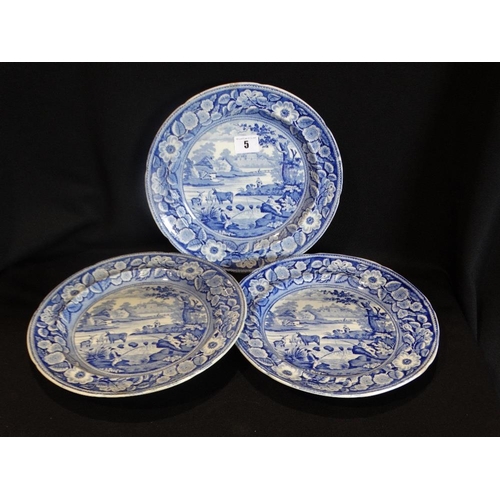 5 - Three 19thc Staffordshire Pottery Circular Blue & White Transfer Decorated Plates With Rural Scene, ... 