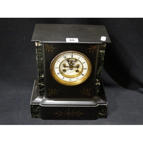 66 - A Victorian Black Marble Based Mantel Clock With Circular White Dial & Visible Escapement