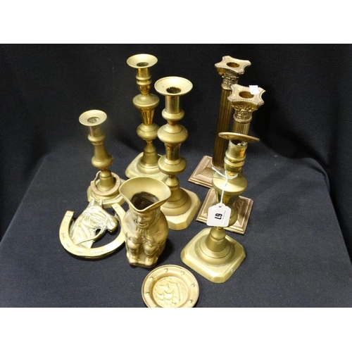 67 - A Group Of Mixed Antique Brassware To Include Candlesticks (9)