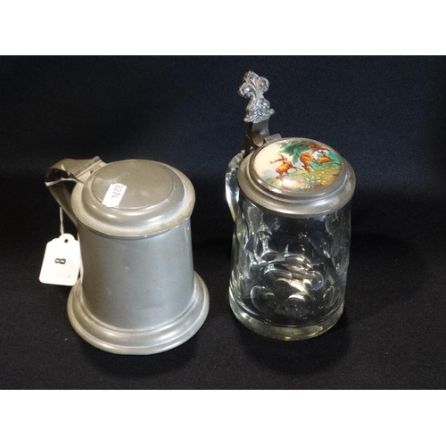 8 - A Glass Tankard With Pewter Lid & Inset Ceramic Plaque, Together With A Further Lidded Pewter Tankar... 