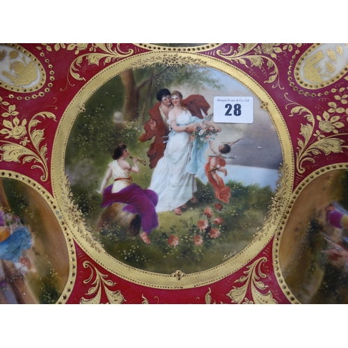 28 - A Circular Vienna Porcelain Charger With Painted Panels Of Courting Couple Etc, Beehive Mark, Signed... 