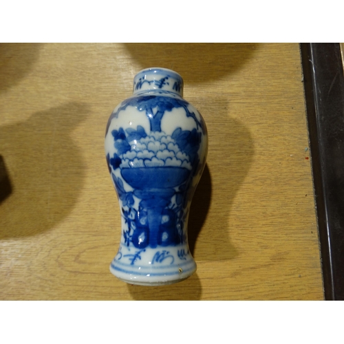 38 - A Miniature Chinese Blue & White Baluster Vase With Leaf & Floral Decoration, Twin Blue Ring Mark To... 