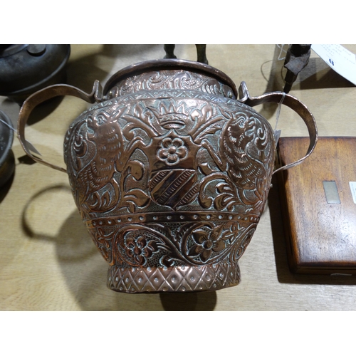 45 - A Two Handled Beaten Copper Vase With Stylized Floral & Armorial Motifs, 9