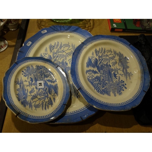 58 - Three Graduated Blue & White Transfer Decorated Meat Plates