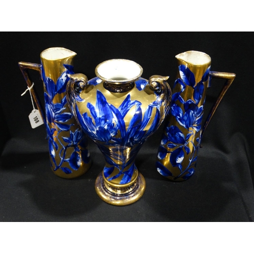 108 - A Group Of Three Edwardian Blue Ground & Gilt Decorated Vases (Af)