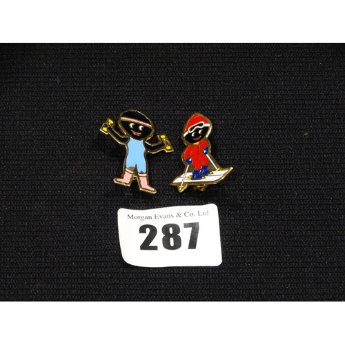 287 - Two Robertsons Jam Pin Badges, Skier & Exerciser