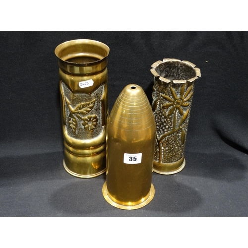 35 - Trench Art, Three 1st World War Decorated Shell Cases