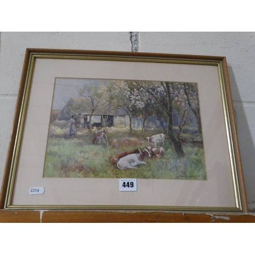 449 - J.W Milliken, Watercolour, Study Of A Farm Paddock With Calves & Milkmaid, Signed,  8.5 X 12