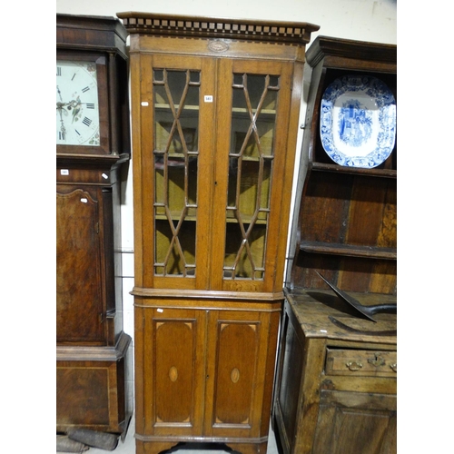 582 - A Georgian Style Two Piece Oak Standing Corner Cupboard With Shell Inlay